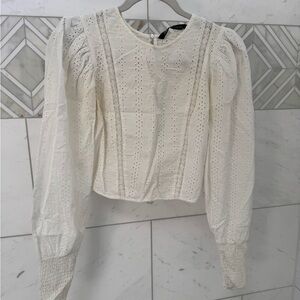 Zara Eyelet Lace Puff-Sleeve Top - White